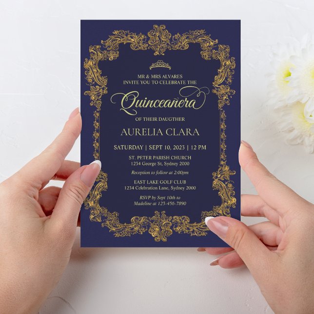 Classic Elegant Navy Blue Gold Tiara Quinceanera Invitation (Creator Uploaded)