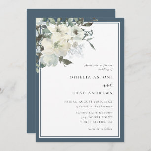 Classic Elegant Navy Blue Ivory Floral Wedding Invitation