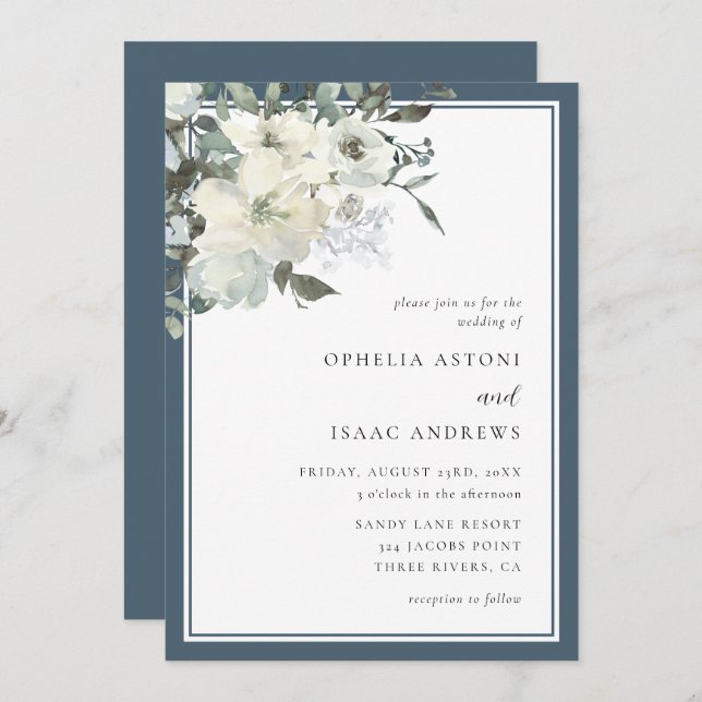 Classic Elegant Navy Blue Ivory Floral Wedding Invitation (Front/Back)