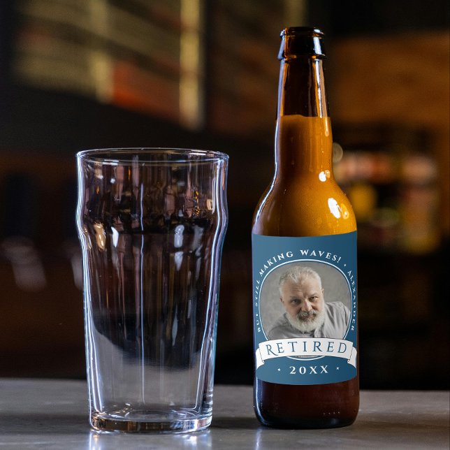 Classic Elegant Navy Blue Retire Grandfather Photo Beer Bottle Label (Creator Uploaded)