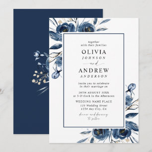 Classic Elegant Navy Blue Watercolor Wedding Invitation