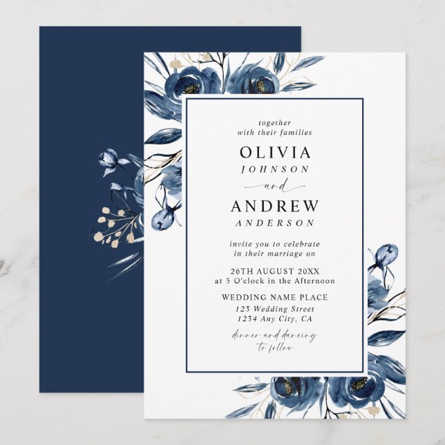 Classic Elegant Navy Blue Watercolor Wedding Invitation (Front/Back)