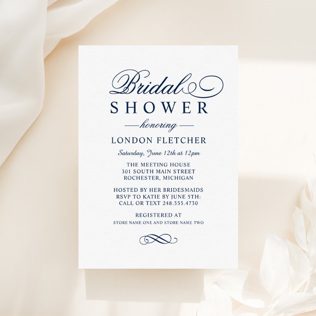 Classic Elegant Navy Blue Wedding Bridal Shower Invitation (Creator Uploaded)