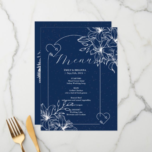 Classic Elegant Navy Blue wedding  Menu (Front/Back In Situ)