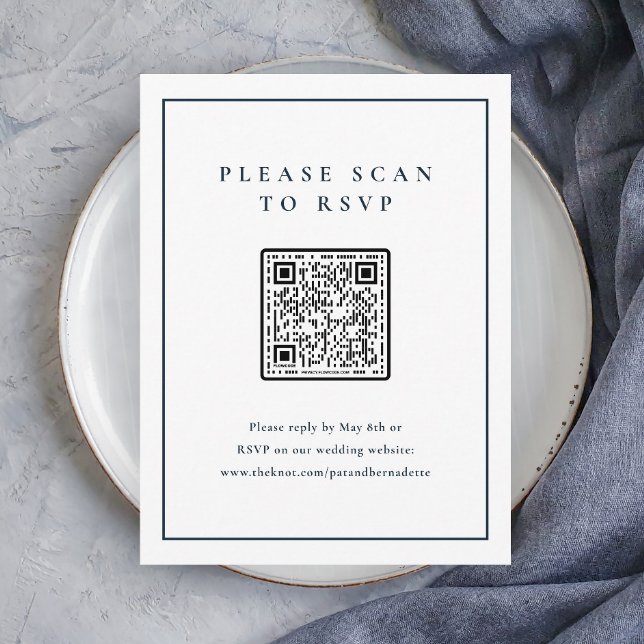Classic Elegant Navy Blue Wedding QR Code Enclosure Card (Elegant Navy Blue and White Wedding QR Code Rsvp Enclosure Card.)