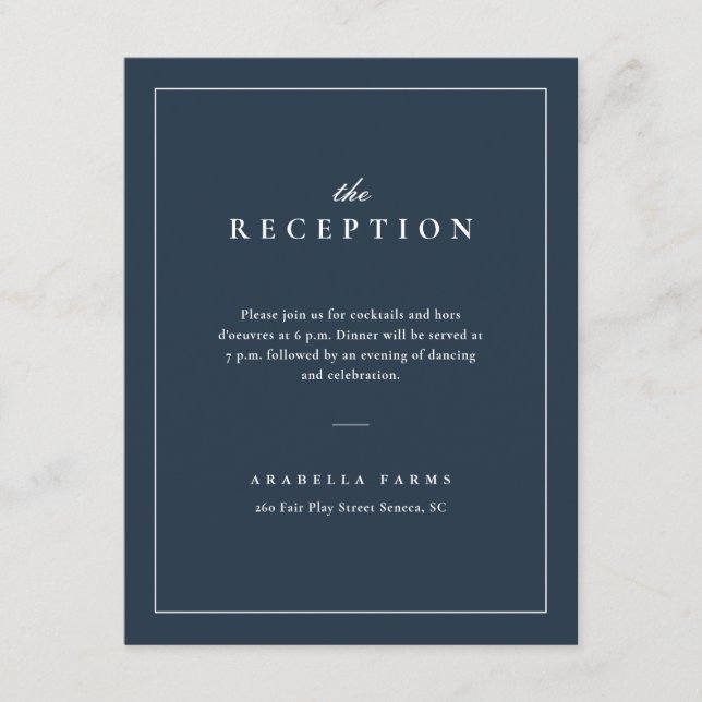 Classic Elegant Navy Blue Wedding Reception Enclosure Card (Front)
