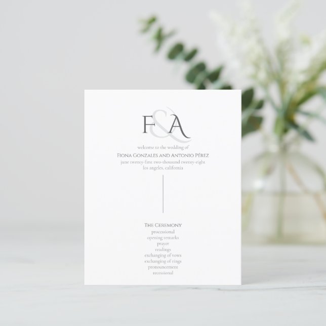Classic Elegant Neutral Monogram Wedding Program (Standing Front)
