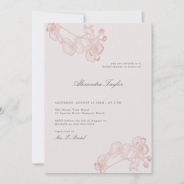 Classic Elegant Orchid Ink Floral Bridal Shower Invitation (Front)
