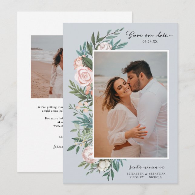 Classic Elegant Painted Floral 2 Photo | Dusty Save The Date (Front/Back)