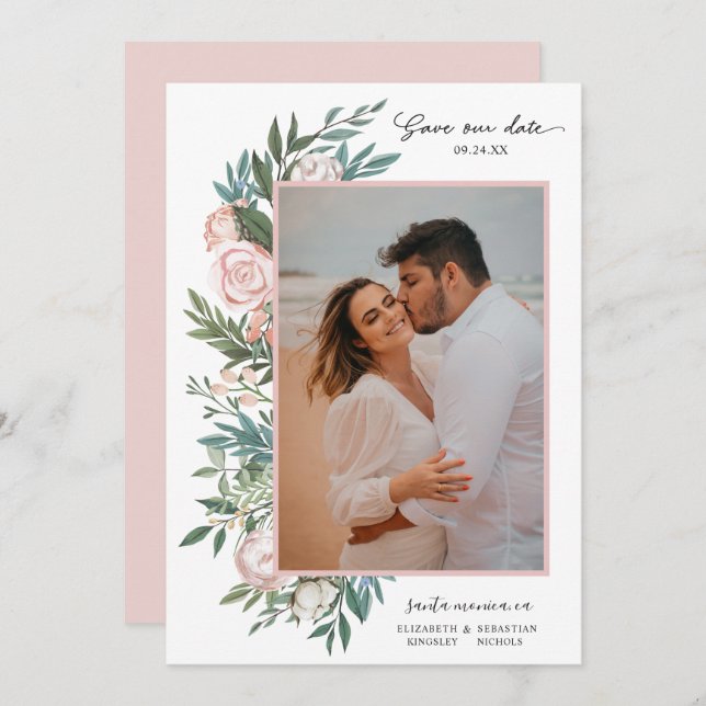 Classic Elegant Painted Floral 2 Photo | White Save The Date (Front/Back)