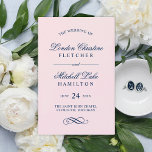 Classic Elegant Pink and Navy Wedding Programs<br><div class="desc">Formal summer light pink and navy blue wedding ceremony program design features beautiful typography that combines a traditional flourished calligraphy script with classic block lettering. Includes a decorative scroll design accent. The custom text can be fully personalised for your wedding day. Note, these folded sheet programs arrive flat and require...</div>