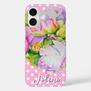 Classic elegant pink white peony floral polkadots iPhone 16 case
