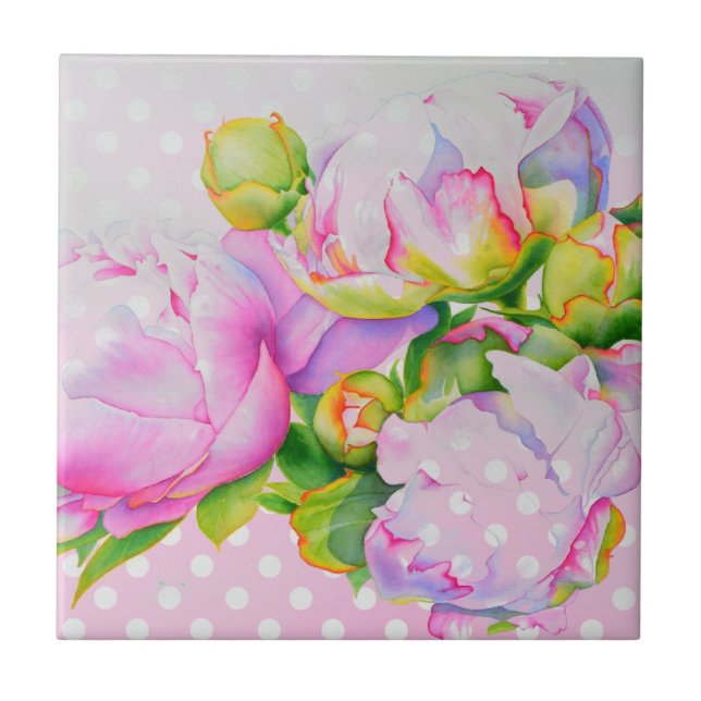 Classic elegant pink white peony floral polkadots ceramic tile (Front)