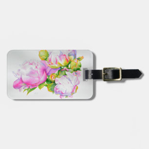 Classic elegant pink white peony floral watercolor luggage tag