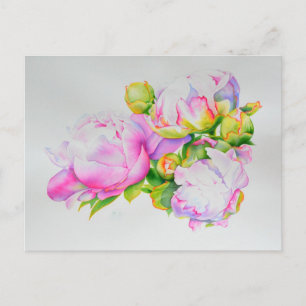 Classic elegant pink white peony floral watercolor postcard
