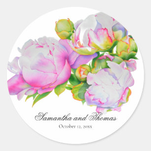 Classic elegant pink white peony floral watercolor round sticker