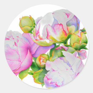Classic elegant pink white peony floral watercolor round sticker