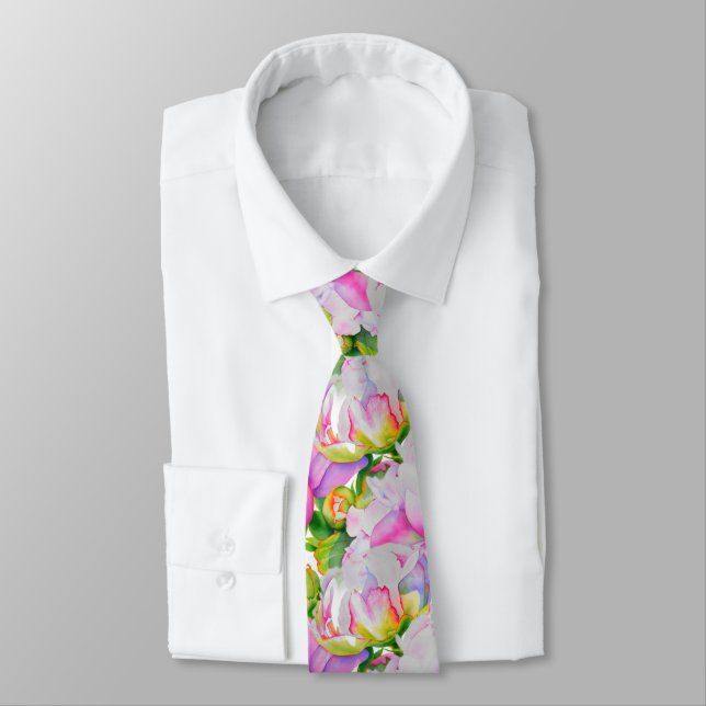 Classic elegant pink white peony floral watercolor tie (Tied)
