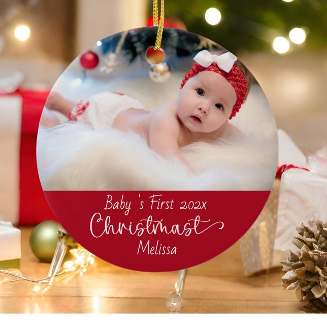 Classic Elegant Red Baby's First Christmas Photo Ceramic Ornament (Creator Uploaded)