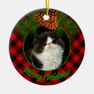 Classic elegant red black plaid pinecone pet cat ceramic ornament