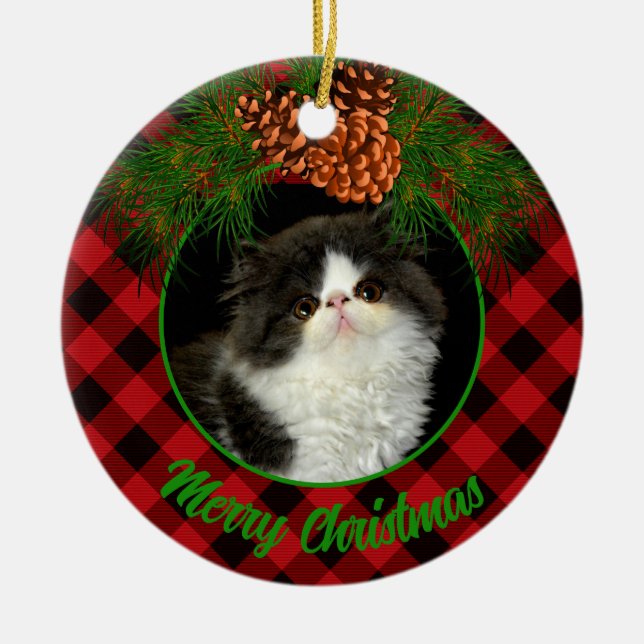 Classic elegant red black plaid pinecone pet cat  ceramic ornament (Front)