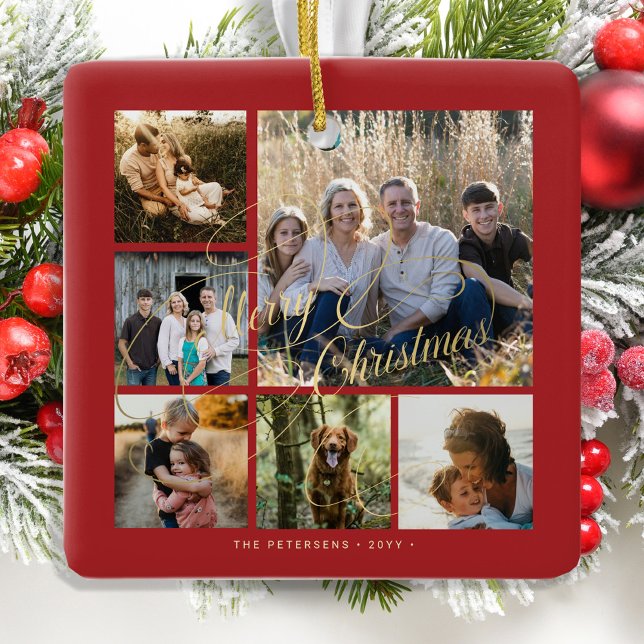 Classic elegant red gold 6 photo collage  ceramic ornament (Creator Uploaded)