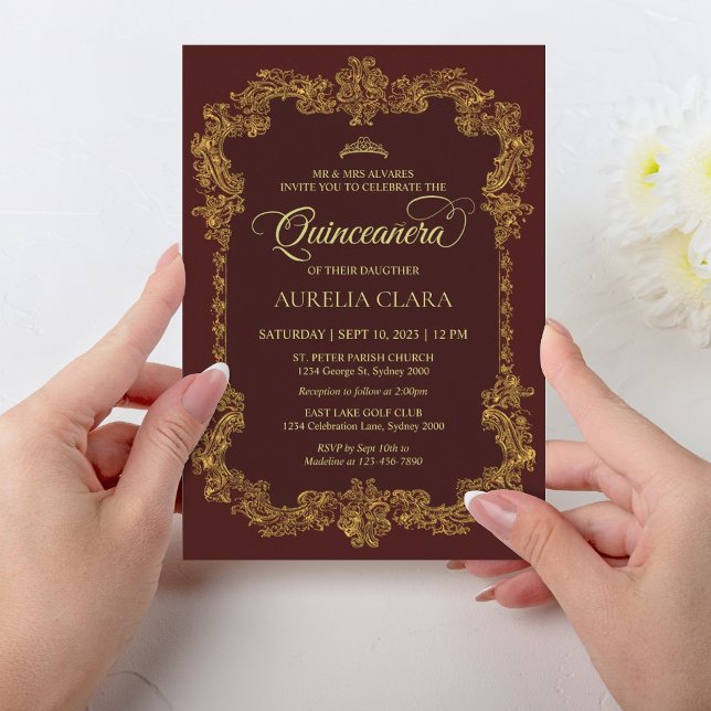 Classic Elegant Red Gold Tiara Quinceanera Invitation (Creator Uploaded)