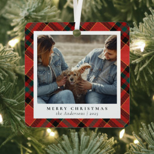 Classic Elegant Red & Green Christmas Couple Photo Metal Tree Decoration