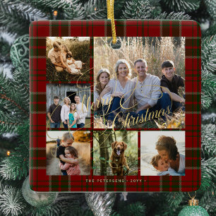 Classic elegant red green plaid 6 photo collage  ceramic ornament
