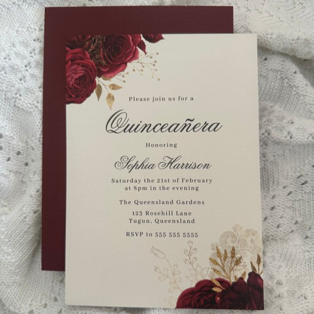 Classic Elegant Red Rose & Gold Quinceanera Invitation (Creator Uploaded)