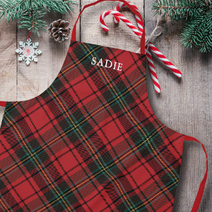 Classic Elegant Red Tartan Christmas Holiday Name  Apron