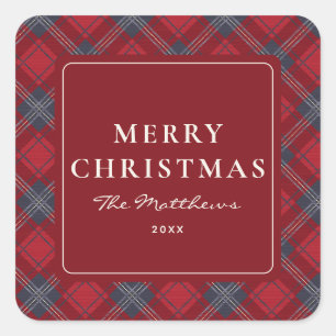 Classic Elegant Red Tartan Merry Christmas Square Sticker
