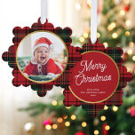 Classic Elegant Red Tartan Plaid Photo Christmas  Tree Decoration Card<br><div class="desc">These wonderful paper ornament cards feature a classic red tartan / plaid background. On the front of the card is a simple round photo shape. On the back is an EDITABLE script greeting in white with your text in a classic serif font. These ornaments make a fabulous holiday card that...</div>
