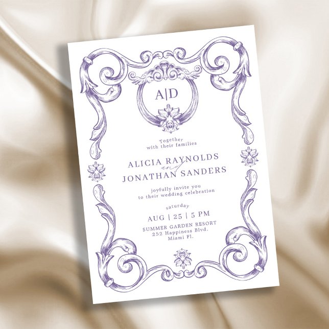 Classic elegant rococo lavender monogram wedding invitation (Creator Uploaded)
