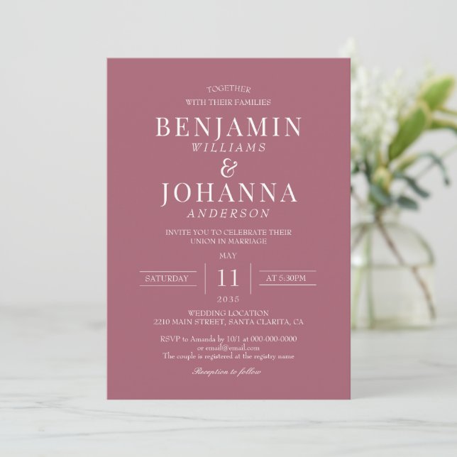 Classic Elegant Rosewood Pink Wedding Invitation (Standing Front)