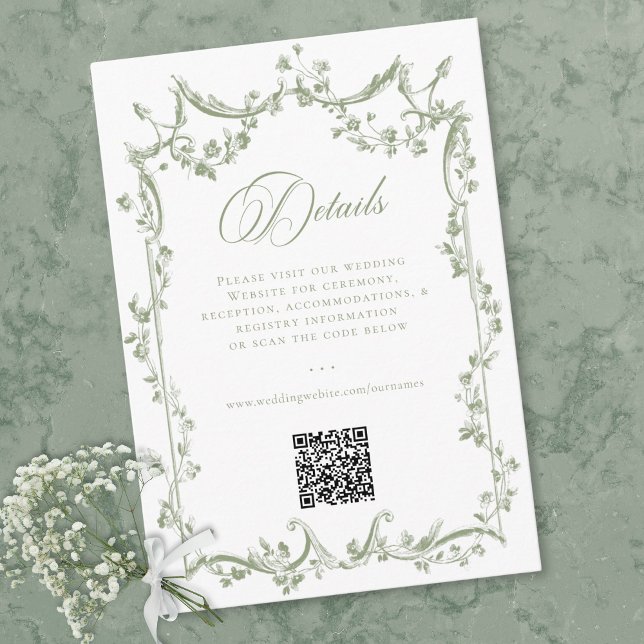 Classic Elegant Sage Green Floral Frame Wedding QR Enclosure Card (Classic Elegant Sage Green Floral Frame Wedding QR Enclosure Card)