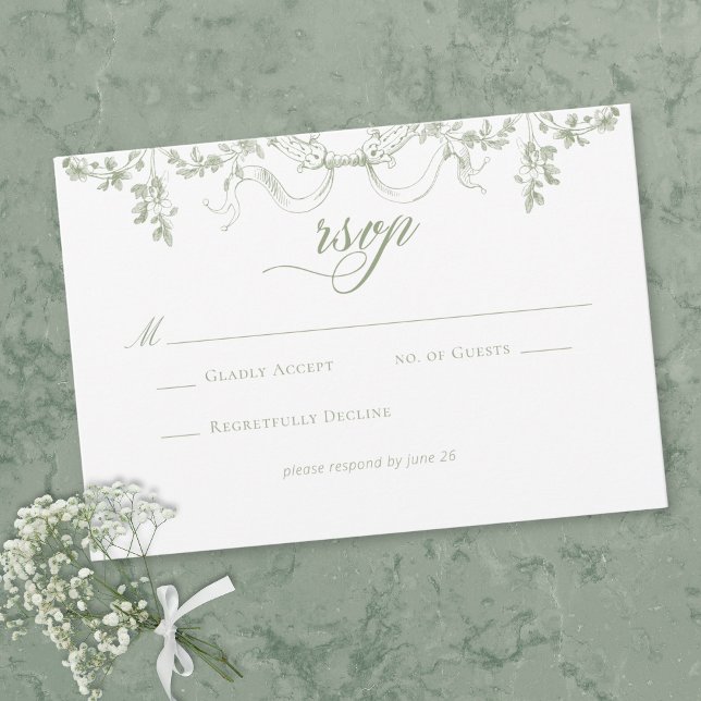 Classic Elegant Sage Green Floral Frame Wedding RSVP Card (Creator Uploaded)