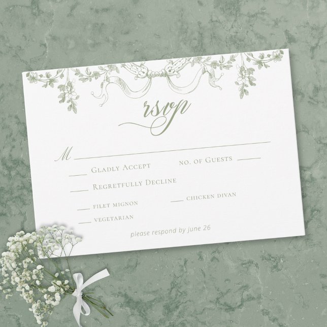 Classic Elegant Sage Green Floral Frame Wedding RSVP Card (Creator Uploaded)