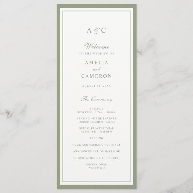 Classic Elegant Sage Green Frame Wedding Program (Front)