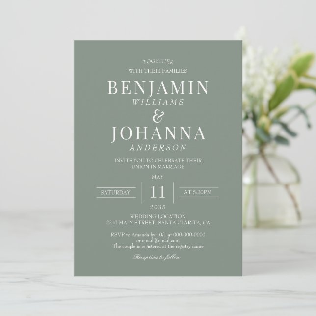 Classic Elegant Sage Green Wedding Invitation (Standing Front)