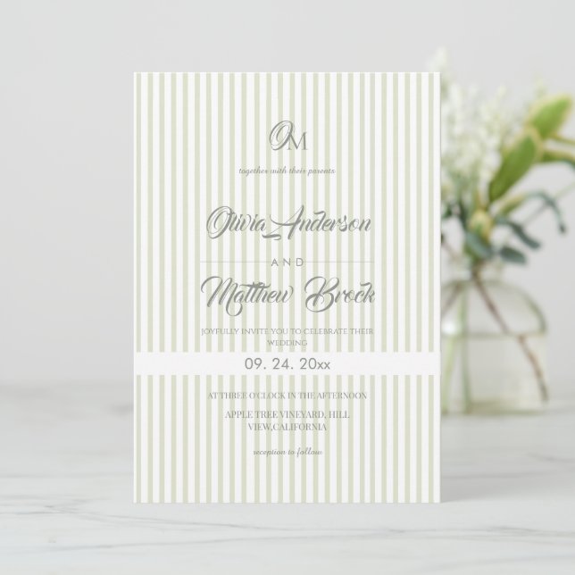 Classic Elegant⎮Sage Stripe Wedding  Invitation (Standing Front)