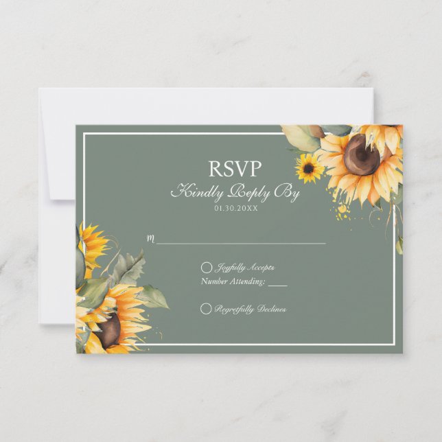 Classic Elegant Sage Watercolor Sunflower Wedding RSVP Card (Front)