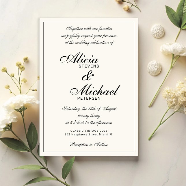 Classic elegant script black and ivory wedding invitation (Creator Uploaded)
