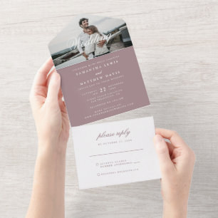 Classic Elegant Script Purple Mauve Photo Wedding All In One Invitation
