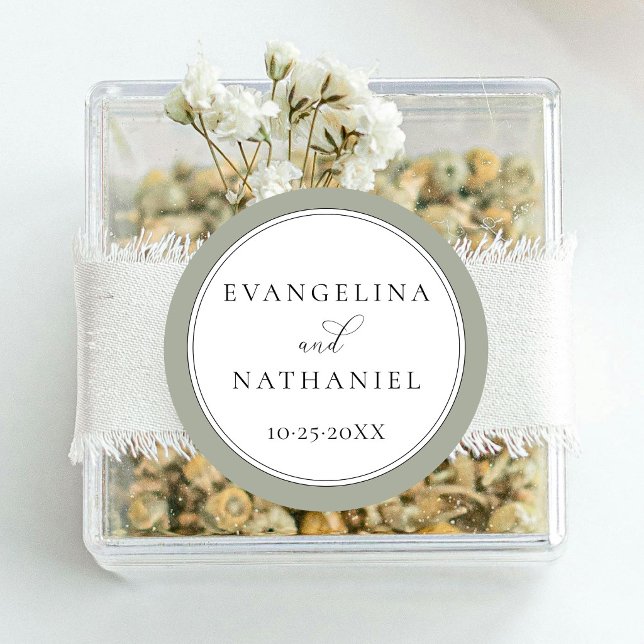 Classic Elegant Script White Green Wedding Favour Round Sticker (Creator Uploaded)