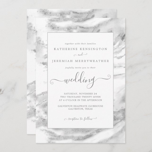 Classic Elegant Silver Foil Marble Wedding Invitation (Front/Back)