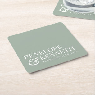 Classic Elegant Simple Custom Wedding Dusty Sage Square Paper Coaster