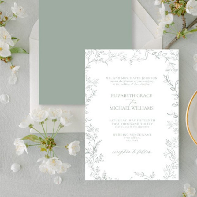 Classic Elegant Simple Leaf Sage Green Wedding Invitation (Creator Uploaded)