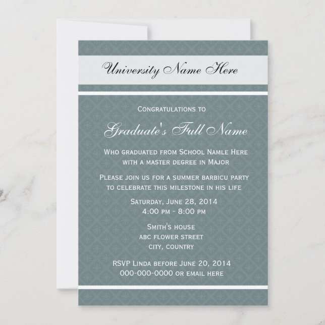 Classic, elegant, stylish formal graduation party invitation (Front)