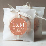 Classic Elegant Terracotta Orange Wedding Monogram Classic Round Sticker<br><div class="desc">Formal terracotta orange wedding favour sticker design features beautiful typography with classic block lettering. The custom monogram text can be personalised with the bride and groom first name initials and wedding date. Design is framed by a simple round dotted frame and accented with a decorative scroll. Please shop our Classic...</div>